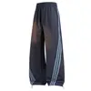 Calça de Moletom Larga com Três Listras e Corte Curvo para Homem, Primavera e Outono, Calça Casual Solta, Calça de Nylon Stretch Sem Amassar