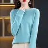 Suéter de punto para mujer, cuello redondo, manga larga, sin costuras, con dobladillo enrollado, perfecto como capa base, hecho de lana, estilo nuevo, en color verde claro