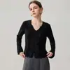 Cárdigan de cachemira para mujer, estilo francés, con ribete de encaje delicado, mangas acampanadas, cuello en V, prenda de punto moderna, sencilla y elegante