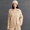 Tricô Feminino de Caxemira Outono e Inverno Novo Tricô de Caxemira Gola Polo Trançado Versátil Solto Casual Estilo Old Money