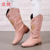 Botas Retrô Femininas Juhiti Spot Export 2023 Outono e Inverno Novas Exportação Europeia e Americana Salto Grosso Tamanho Grande Botas Bordadas