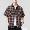 Camisa de Cuadros Jacquard Bordada Vintage de Peso Pesado Estilo Americano para Hombre, Manga Corta, Ajuste Holgado de Verano, Chaqueta Camisa de Trabajo de Marca de Moda, Delgada