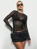Blusa de Manga Longa em Malha Semi-Transparente Popular Europeia e Americana, Estilo Curto Slim Fit Elástico, Camisa Base Sexy para Camadas