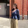 Actualización de talla de envío Otoño chic coreano nueva llegada Francés Cuello en V Cintura con cordón Mangas abullonadas Camisa de gasa para mujer