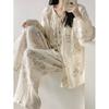 Novo Pijama de Algodão Puro Estilo Chinês Feminino Primavera e Outono Gaze Amiga da Pele Elegante Manga Longa Calça Roupa de Casa Yuezi conjunto plus size