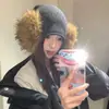 Gorro de Felpa Gris de Lana Pura para Mujer, Invierno, Circunferencia de Cabeza Grande, Gorro de Punto Cálido, Protección para Orejas, Gorro Envolvente para la Cabeza a Prueba de Frío