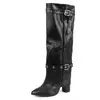 Botas Altas Retro Europeas y Americanas para Mujer Tacón Grueso Punta Fina Hebilla de Cinturón Decoración Botas Largas Gamuza Charol Botas de Caballero Otoño e Invierno Estilo Nuevo