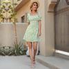 Amazon Estación Independiente Transfronteriza Verano Estilo Europeo y Americano Vestido con Cuello Floral Estilo Occidental Plisado Verde Vestido Francés