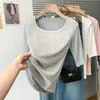 Nueva camiseta de punto fino acanalado de verano diseño estilo coreano para mujer, corte ajustado, versátil, cuello redondo, manga tres cuartos