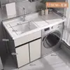 Combinação de Gabinete Integrado para Máquina de Lavar de Varanda em Alumínio Espacial com Máquina de Lavar de Tambor, Lavatório, Pia de Lavanderia e Tábua de Lavar