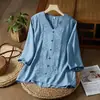 Top Casual Suelto de Moda para Mujer de Verano, Bordado Retro de Algodón y Lino, Cuello en V, Manga Media, Tallas Grandes para Mujeres de Mediana Edad