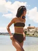 Biquíni Duas Peças Novo Estilo Cor Contrastante Cintura Alta para Mulheres, Top Bandeau Push-Up para Seios Pequenos, Emagrecimento e Esconde Barriga, Biquíni para Férias na Praia