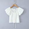 Top pequeño de manga abullonada y cuello redondo francés para mujer, verano, puro, elegante, con encaje, puntada, correa con hebilla, camisa ajustada