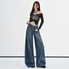 Pantalones vaqueros de lino azul oscuro con diseño repujado en plata para mujer, novedad principios de otoño 2026 de tiro alto, holgados, pierna curva, de algodón