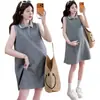 En Stock Ropa de Maternidad 2026 Verano Sin Mangas Cuello Polo Vestido de Maternidad Holgado