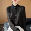 Camisa de Encaje con Orejas de Madera con Cordones para Mujer, Color Sólido, Temperamento de Oficina, Top Elegante Versátil de Manga Larga, Base de Gasa