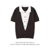Camisa Polo Falsa de Dos Piezas en Bloques de Color Retro para Hombre, Cárdigan de Punto de Manga Corta de Verano, Top Holgado Casual Estilo Old Money con Cuello Campana