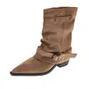 Botas de pierna de pantalón con hebilla de cuero retro post-apocalípticas para mujer 2026 nuevo otoño invierno punta fina de temperamento botas cortas botas de montar a media pantorrilla de moda