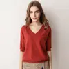 Camiseta feminina de manga curta de verão suéter feminino suéter gola V manga meia manga camisa base solta T-shirt solta emagrecedora
