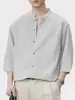 Roupas Masculinas Fengshe / Camisa de Linho com Manga Curta para Homem Verão 2026, Camisa Vintage de Manga Três Quartos, Camisa Vintage de Manga Curta