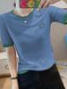 Camiseta de manga corta de algodón flameado de estilo coreano de verano de talla grande para mujer, bordada, holgada, con contraste de color y combinable, popular este año