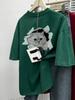 Camiseta de manga corta con estampado de gatitos jóvenes de diseño de talla grande de algodón puro 2024, nueva camiseta versátil de cuello redondo de moda de verano