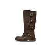 Versión de Piel de Vaca ~ Botas Retro para Mujer, Tacón Grueso Hebilla de Cinturón Botas Altas Negras, Botas Plisadas Versátiles de Piel Genuina
