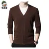 Cárdigan de Lana Pura con Cuello en V de Moda para Hombre, Suéter, Ropa de Punto, Chaqueta, Otoño e Invierno, Estilo Papá, Lana
