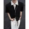 Camisa de Lino con Solapa Falsa de Dos Piezas de Manga Corta para Hombres y Mujeres, Camisa de Verano Negra Estilo Vintage de Alta Gama, Camisa Old Money
