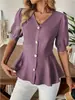 Nova Roupa Feminina Europeia e Americana Tk Transfronteiriça Camisa de Verão Elegante Decote V Mangas Curtas Bufantes Cor Sólida Efeito Emagrecedor Top com Forro