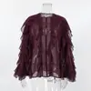 Blusa de Gasa Elegante Color Borgoña con Cuello Redondo y Volantes Estilo Retro Francés para Mujer Diseño Primavera 2026