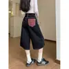 Jeans negros de cuadros patchwork para mujer, pantalones rectos cortos de verano, estilo boyfriend holgado, pantalones casuales de pierna ancha para personas petite