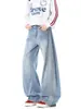 Calça jeans americana lavada com listras laterais, barra curva, unissex, coleção de outono, estilosa e moderna, perna larga, corte solto, calça longa casual