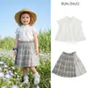 Em Estoque Verão 2026 Algodão Puro Fino Branco Refrescante Top Combinado com Saia Xadrez Estilo Fofo de Menina