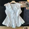 Chaleco sin mangas con cuello en V, volantes y corbata, estilo coreano, para mujer, moda verano 2026, top versátil holgado y rejuvenecedor