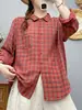 Camisa a cuadros retro de otoño para mujer, de manga larga, corte holgado, adelgazante, con diseño de gasa de doble capa, algodón puro, versátil y elegante