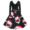 C6007 Vestido de mujer vintage de Navidad de fábrica de comercio exterior con cuello en V, estampado de flores quemadas, manga larga y vuelo grande