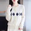 Cárdigan de punto jacquard con cuello redondo y estampado de rombos estilo francés transfronterizo, suéter retro preppy para mujer, corto, holgado, de manga larga