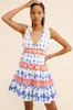 Vestido corto de tirantes con estampado popular transfronterizo europeo y americano para mujer, escote en V, espalda descubierta, estilo vacacional, vestido corto de volantes