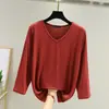 Camiseta de Modal para Mujer, Nueva de Primavera y Verano, Holgada, Color Sólido, Manga de Siete Puntos, Cuello en V, Ajustada, Camiseta Básica