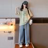 Camiseta de Algodón de Manga Corta para Niñas 2024 Verano Nuevo Estilo Mediana y Grande Niños Delgada Jeans Conjunto Casual de Dos Piezas para Niños a la Moda