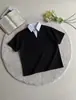 Camiseta tipo polo de alta calidad, estilo intelectual, falso dos piezas, Loka, capa de aire, a rayas, cuello en V, versátil, estilo "Old Money", manga corta