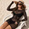 Nuevo pareo de playa transparente de manga larga transfronterizo, prenda exterior de bikini europea y americana, vestido corto de malla para vacaciones en la playa