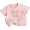 Camiseta de manga corta de verano para niñas, color caramelo, estilo occidental, con lazo de gasa simple, para niños de tallas pequeñas y medianas.