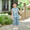 Estilo Nacional Verão Traje Tang 2025 Novo Conjunto de Duas Peças Retro com Colete e Calças Anti-Mosquito para Apresentação de 1º de Junho no Jardim de Infância