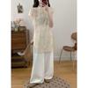 Talla Grande Verano para Mujer Gordita mm Adelgazante Look Nuevo Chinoiserie Cheongsam Mejorado Top con Abertura Pantalones de Pierna Ancha Conjunto de Dos Piezas