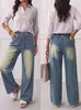 Exclusivo para ventas transfronterizas: Jeans de pierna ancha para mujer, de color azul claro, con cintura elástica y cordón, efecto desgastado, de tiro alto, adelgazantes, casuales, de largo hasta el suelo