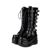 Botas de Cuero Patentado de Caña Media para Mujer, Tallas 34-45, Transfronterizas Talla Grande, Punta Redonda, Suela Gruesa, Plataforma Impermeable, Cremallera Estilo Europeo y Americano Negro