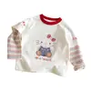 Blusa de Manga Larga de Dibujos Animados de Gato KT para Niñas, Otoño, Cuello Redondo Color Block, Falso Dos Piezas, Elegante Patchwork de Rayas, Manga Larga Fina para Ropa de Abrigo