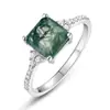 Anillo de Ágata de Planta Acuática Natural Único Más Vendido Transfronterizo de Amazon Anillo para Dedo Índice de Plata S925 Incrustado con Piedra de Musgo Verde Geométrico